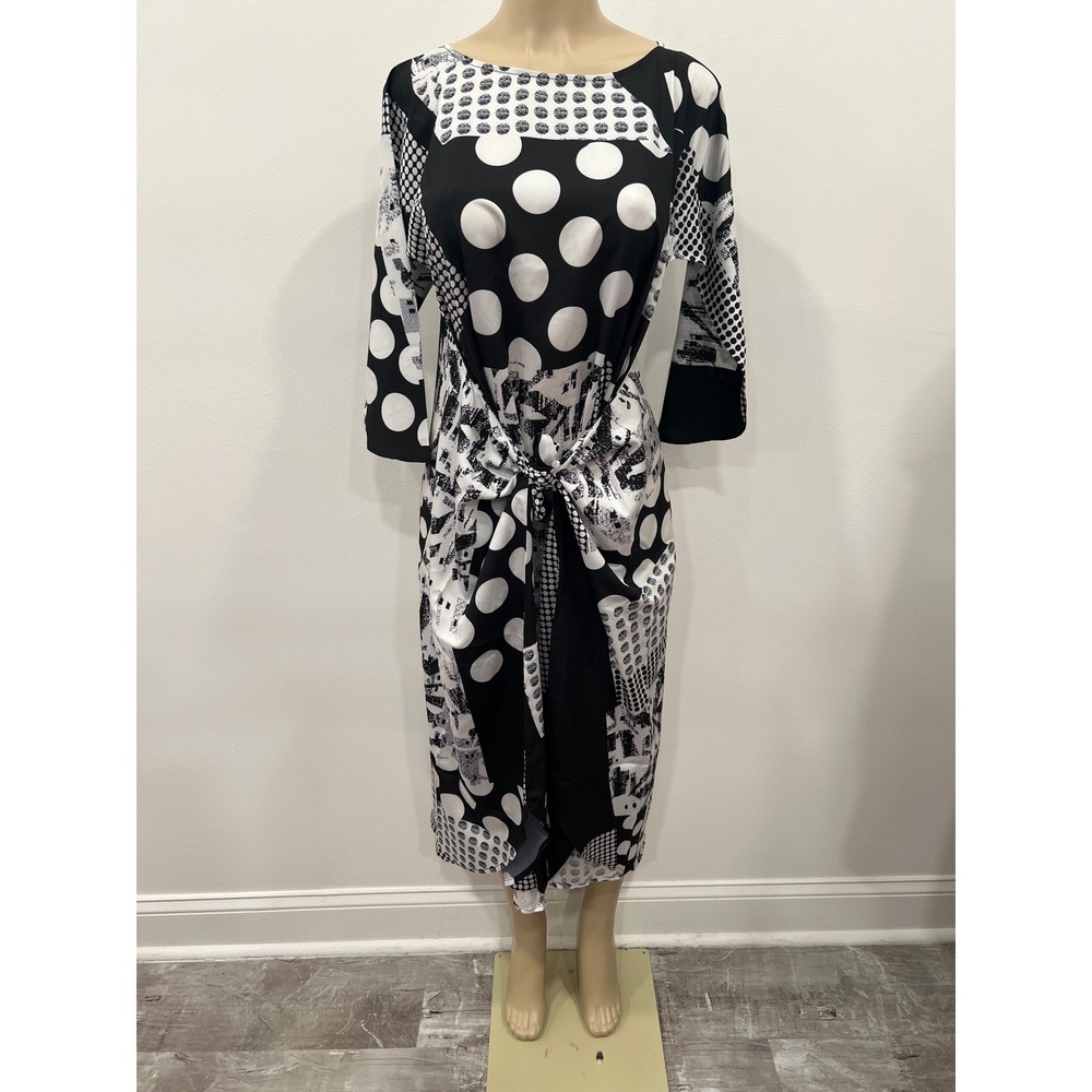 CAARA Midi Dress Womens Medium Black White Polka Dot Tie Waist ModiChic Office